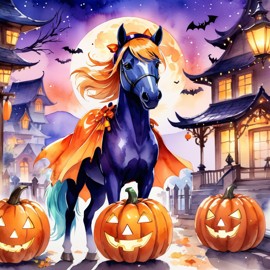 watercolor illustration of mustang horse in a halloween costume with a vibrant and festive atmosphere surrounded by pumpkins.