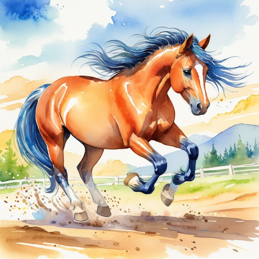 watercolor illustration of mustang horse in children's book style, vibrant and detailed, drawn by don freedman.