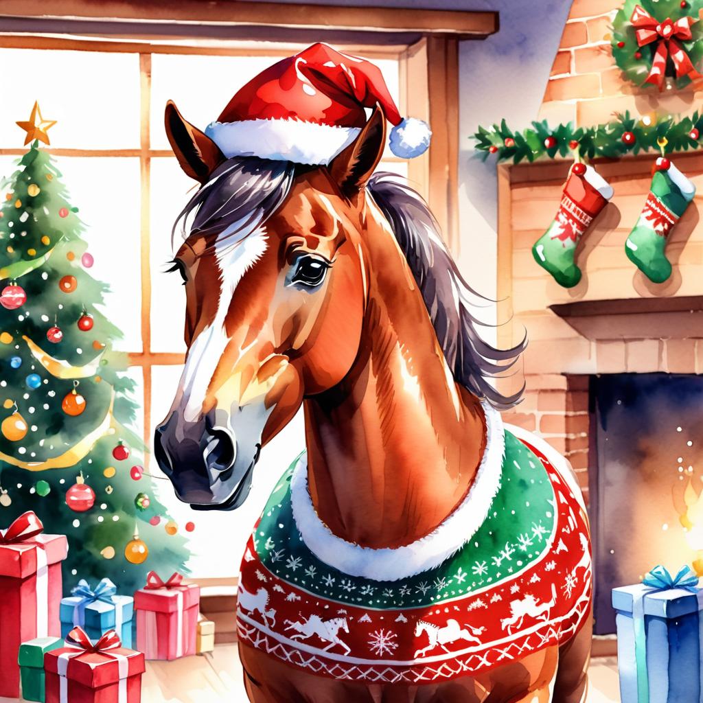 watercolor painting of mustang horse in a christmas sweater and santa hat, festive and vibrant.