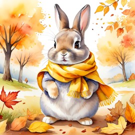 watercolor painting of netherland dwarf rabbit in autumn, wearing a yellow scarf, vibrant and detailed.