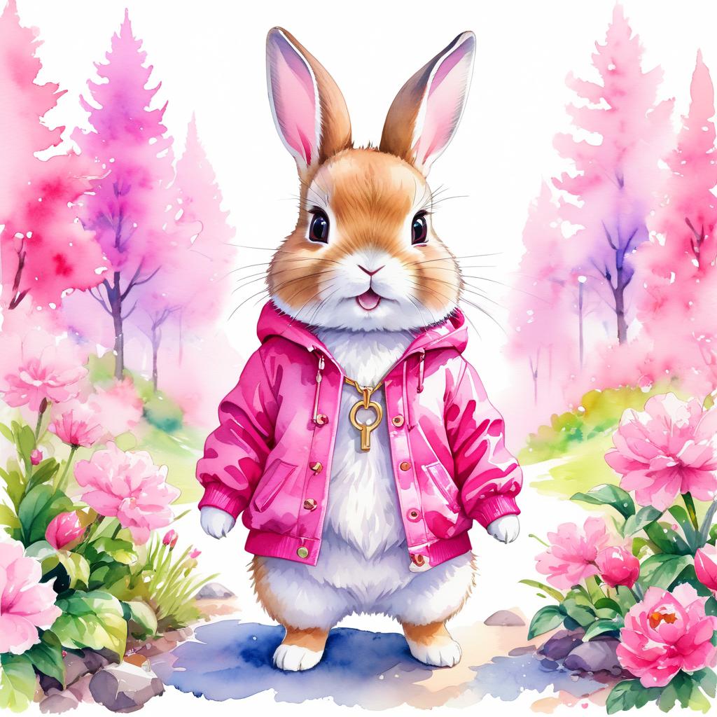 watercolor illustration of netherland dwarf rabbit in pink clothing, set in a beautiful pink scene, looking happy and vibrant.