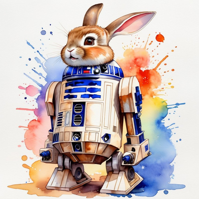 watercolor painting of netherland dwarf rabbit as r2d2 from star wars, dressed as r2d2 in a vibrant star wars scene.