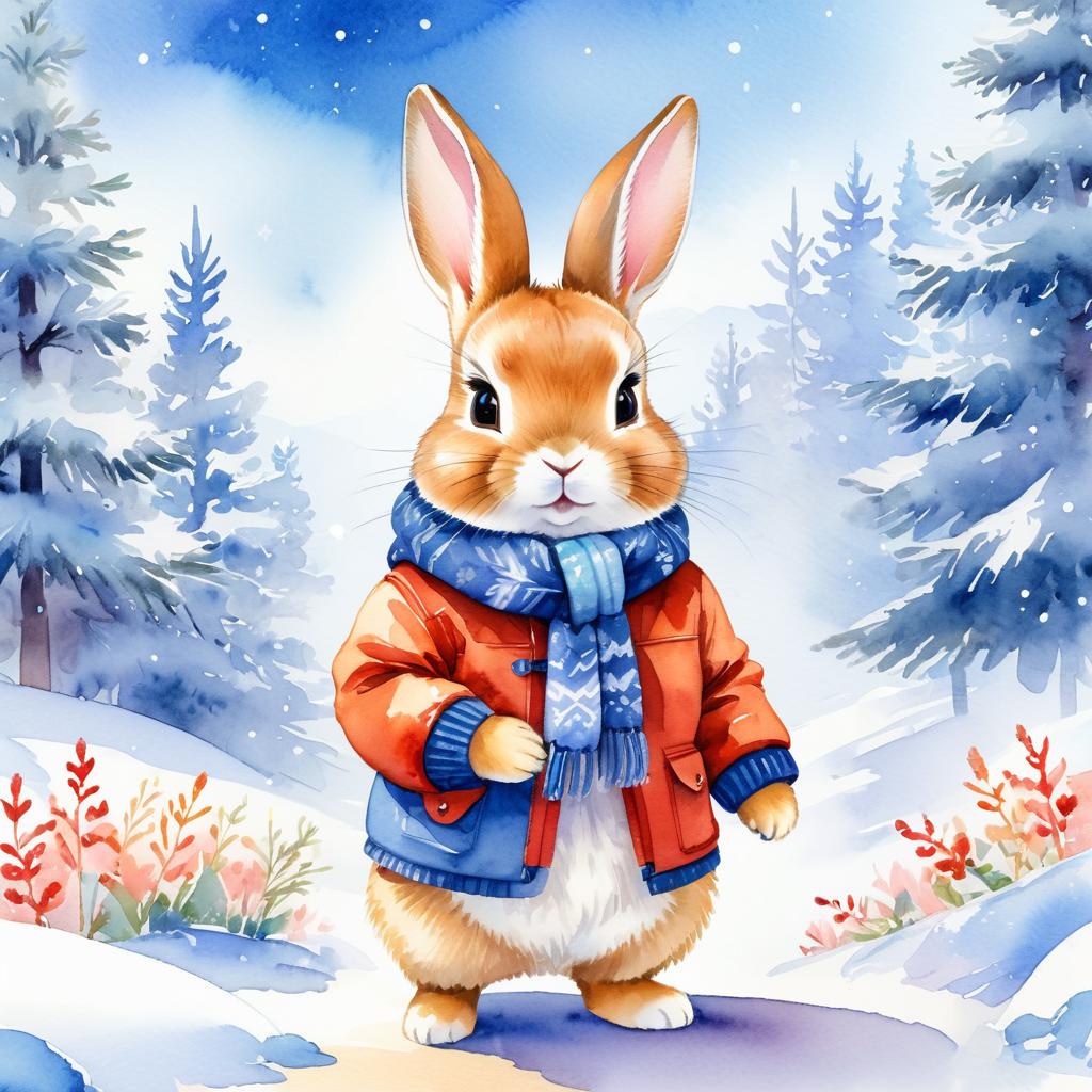 watercolor painting of netherland dwarf rabbit in a beautiful winter scene, wearing stylish winter clothing, looking cute and happy.