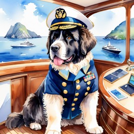 watercolor painting of newfoundland as a captain on a luxury yacht, wearing captain uniform, vibrant and detailed.