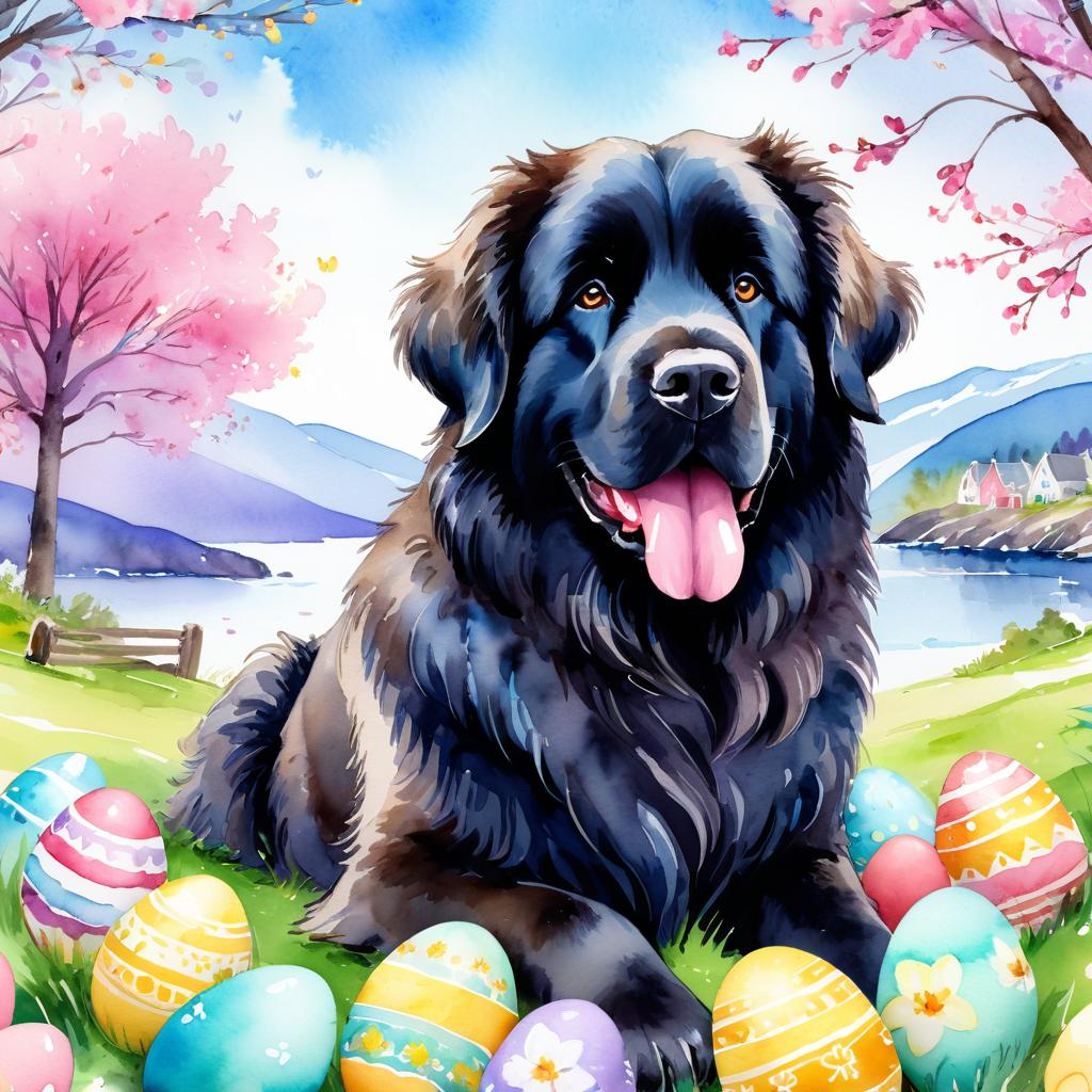 watercolor painting of newfoundland in a vibrant easter scene with colorful eggs, highly detailed and joyful.