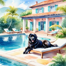 watercolor illustration of newfoundland suntanning next to a luxurious villa pool, capturing a posh and vibrant scene.