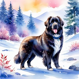 watercolor painting of newfoundland in a beautiful winter scene, wearing stylish winter clothing, looking cute and happy.