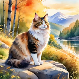 watercolor painting of norwegian forest cat cat in golden hour light, showcasing vibrant colors and a happy nature scene in a highly detailed illustration.