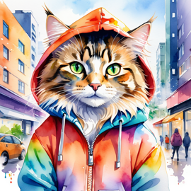 watercolor painting of norwegian forest cat cat in a colorful hoodie, set in a vibrant urban setting, capturing a detailed and happy mood.