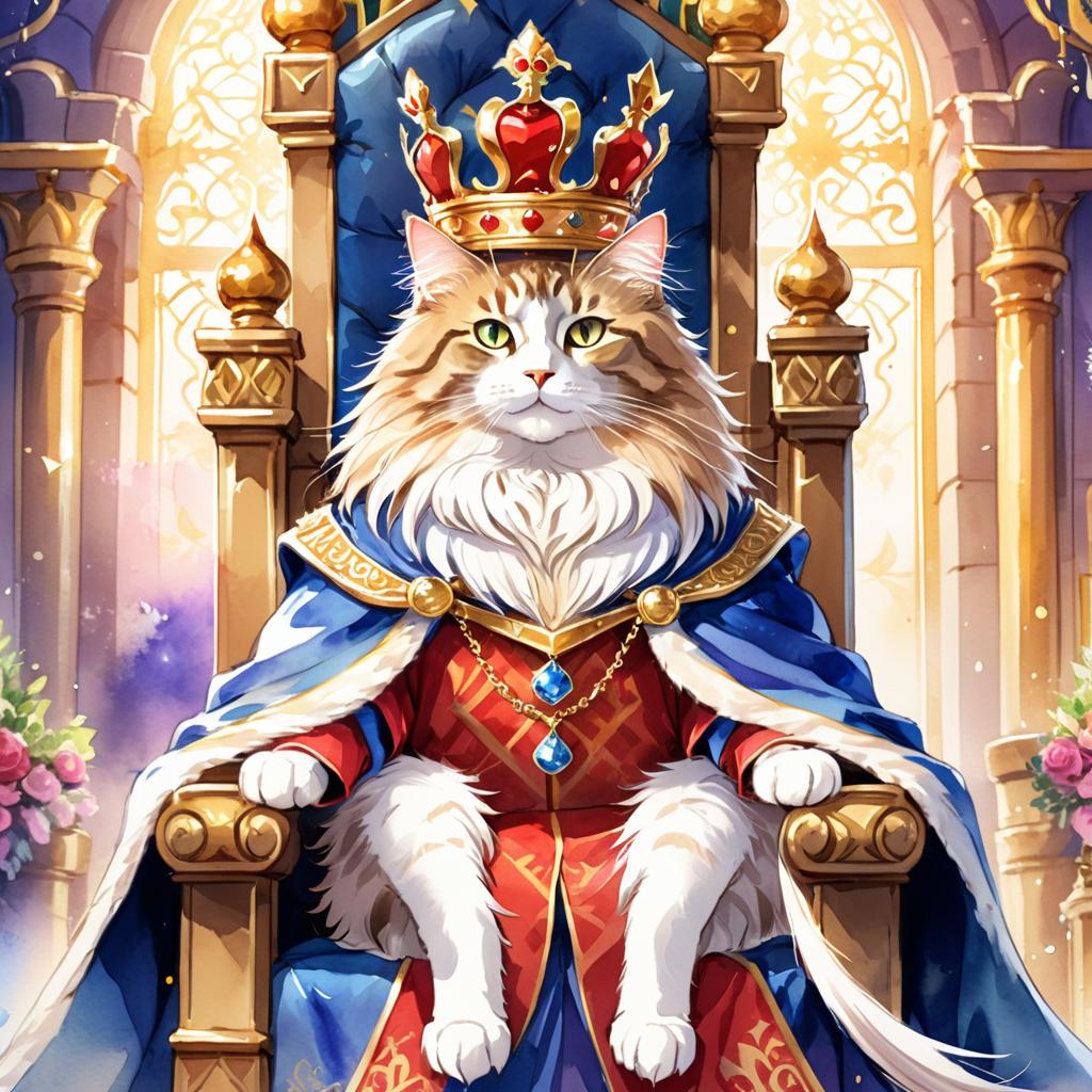 watercolor painting of norwegian forest cat cat as a king in a magical castle, wearing a crown and robe, seated on a throne.