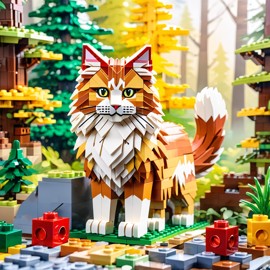 watercolor painting of norwegian forest cat cat as lego bricks, vibrant and detailed in a playful lego environment.