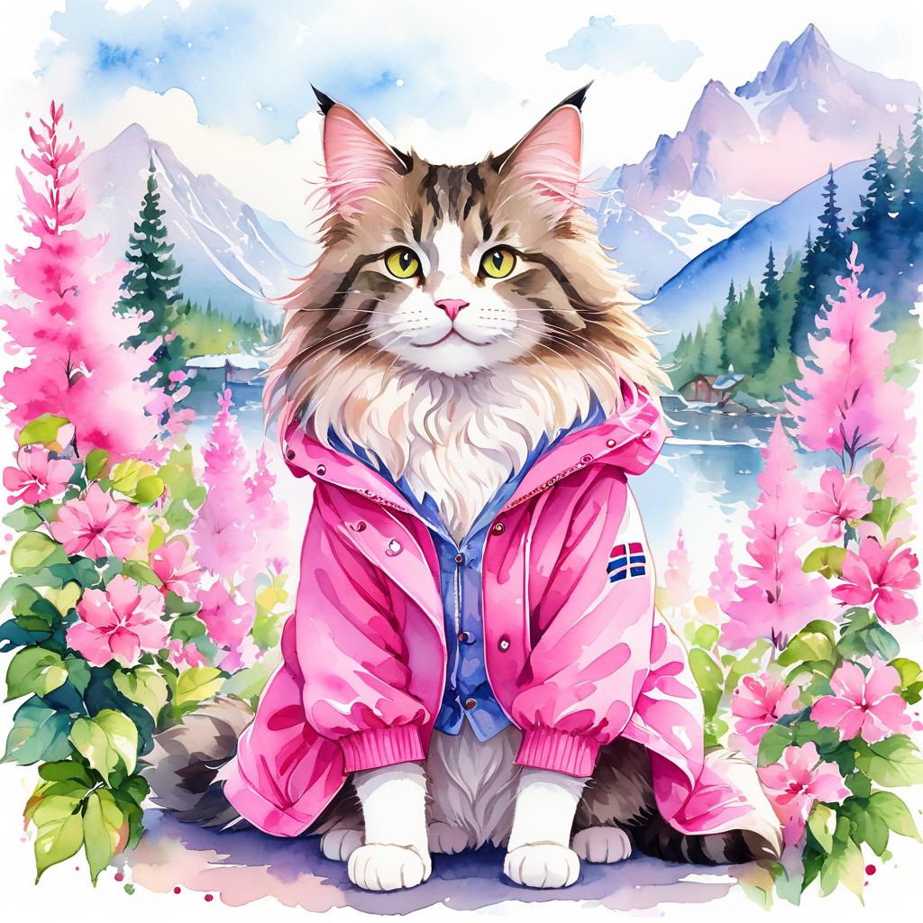 watercolor illustration of norwegian forest cat cat in pink clothing, set in a beautiful pink scene, looking happy and vibrant.