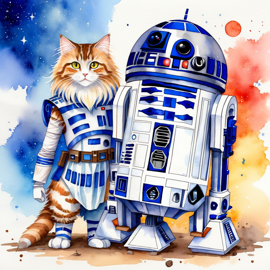 watercolor painting of norwegian forest cat cat as r2d2 from star wars, dressed as r2d2 in a vibrant star wars scene.