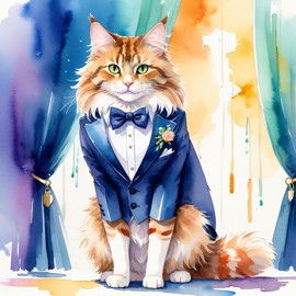 watercolor painting of norwegian forest cat cat in a classy suit on a fashion stage, capturing elegance and charm in a vibrant, highly detailed illustration.