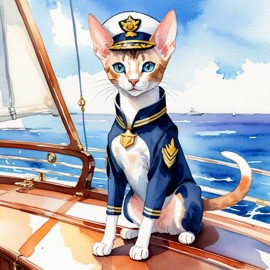 watercolor painting of oriental shorthair cat as a captain on a luxury yacht, wearing captain uniform, vibrant and detailed.