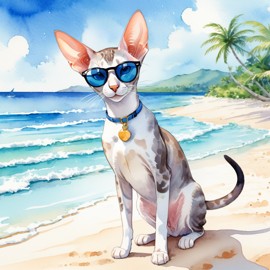 watercolor painting of oriental shorthair cat on a beach with white sand and blue sea, wearing sunglasses.