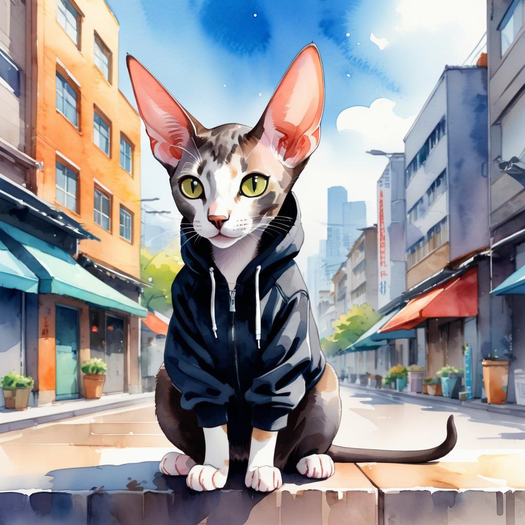 watercolor painting of oriental shorthair cat in a black hoodie, showcasing a vibrant urban environment with a cute and happy appearance.