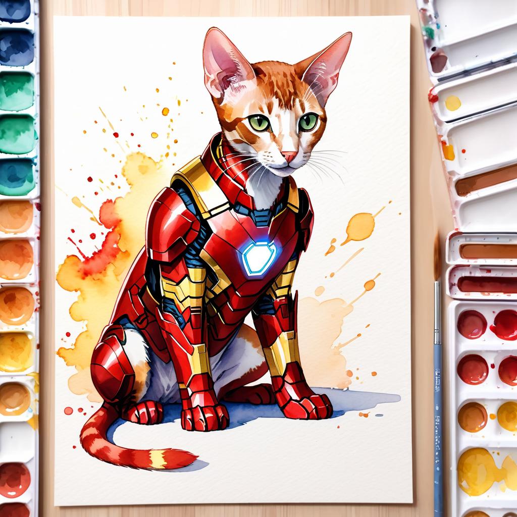 watercolor painting of oriental shorthair cat as iron man, featuring a vibrant and detailed iron man costume in an artistic style.