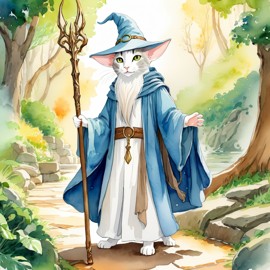 watercolor painting of oriental shorthair cat as gandalf, featuring a white beard and a vibrant fantasy setting.