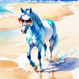 watercolor painting of paint horse horse on a beach with white sand and blue sea, wearing sunglasses.