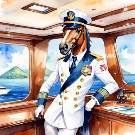 watercolor painting of paint horse horse as a captain on a luxury yacht, wearing captain uniform, vibrant and detailed.