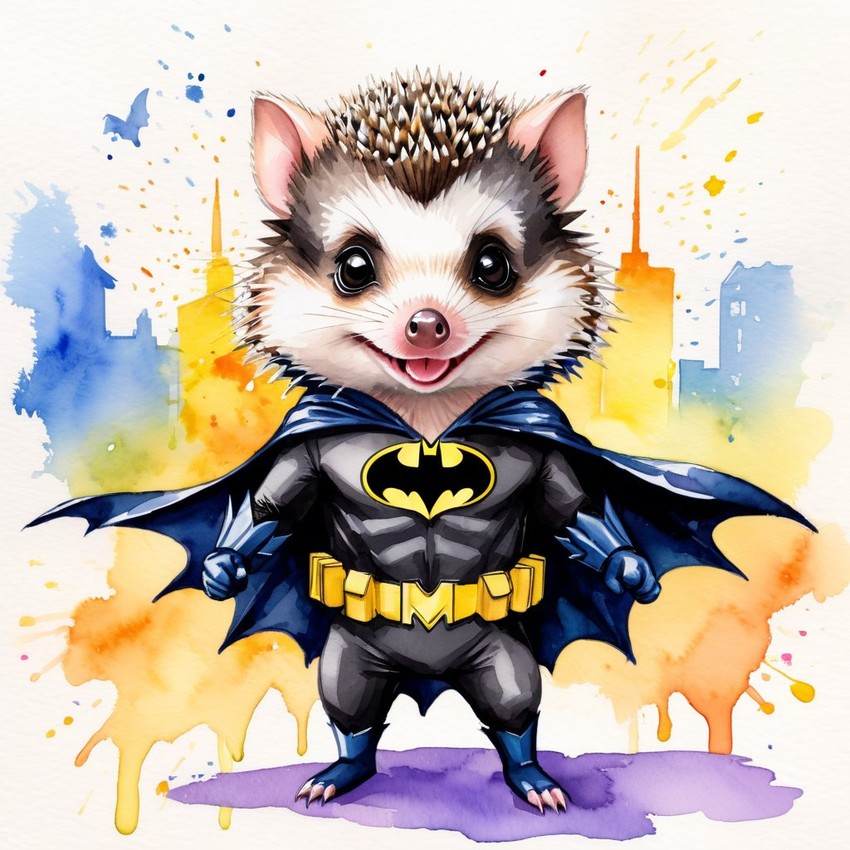 watercolor painting of african pygmy hedgehog as batman, wearing batman suit and mask, vibrant and detailed.