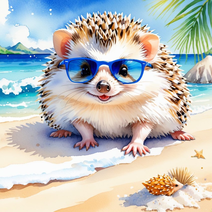 watercolor painting of african pygmy hedgehog on a beach with white sand and blue sea, wearing sunglasses.