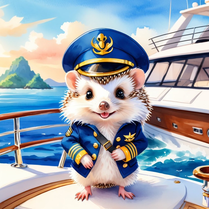 watercolor painting of african pygmy hedgehog as a captain on a luxury yacht, wearing captain uniform, vibrant and detailed.