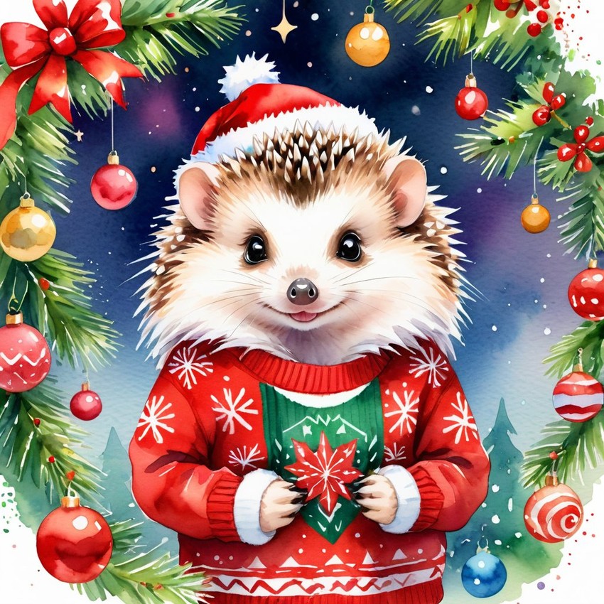 watercolor painting of african pygmy hedgehog in a christmas sweater and santa hat, festive and vibrant.