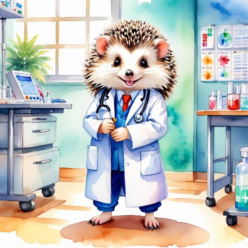 watercolor painting of african pygmy hedgehog as a doctor in a hospital, vibrant and highly detailed, in a studio anime style.