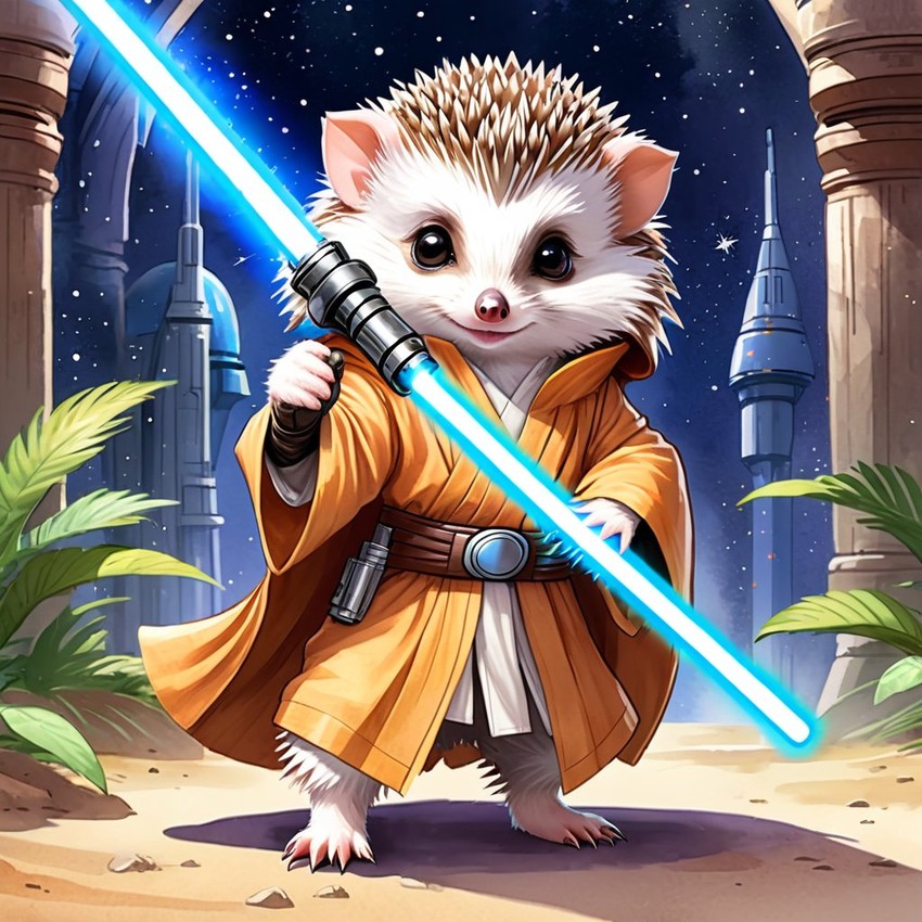 watercolor painting of african pygmy hedgehog as a jedi knight, holding a lightsaber with a star wars backdrop in a vibrant, detailed style.