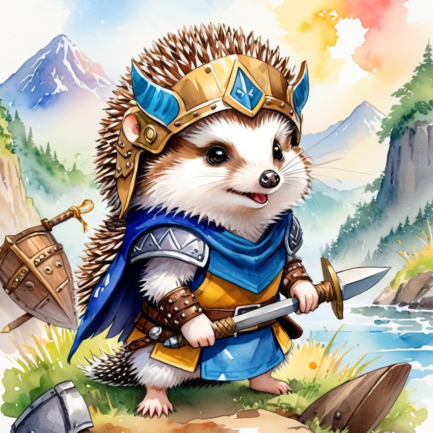 watercolor painting of african pygmy hedgehog as a viking, wearing traditional armor and helmet, in a vibrant viking environment.