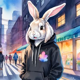 watercolor-painting-american-fuzzy-lop-rabbit-black-hoodie-vibrant-urban-environment-cute-happy-13d0cdbf710a47978caecc9610446b70