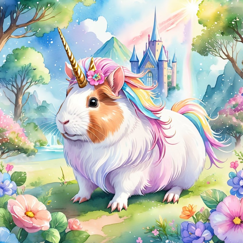 watercolor painting of american guinea pig as a unicorn in a vibrant fairytale setting, capturing a cute and happy scene with detailed illustration.