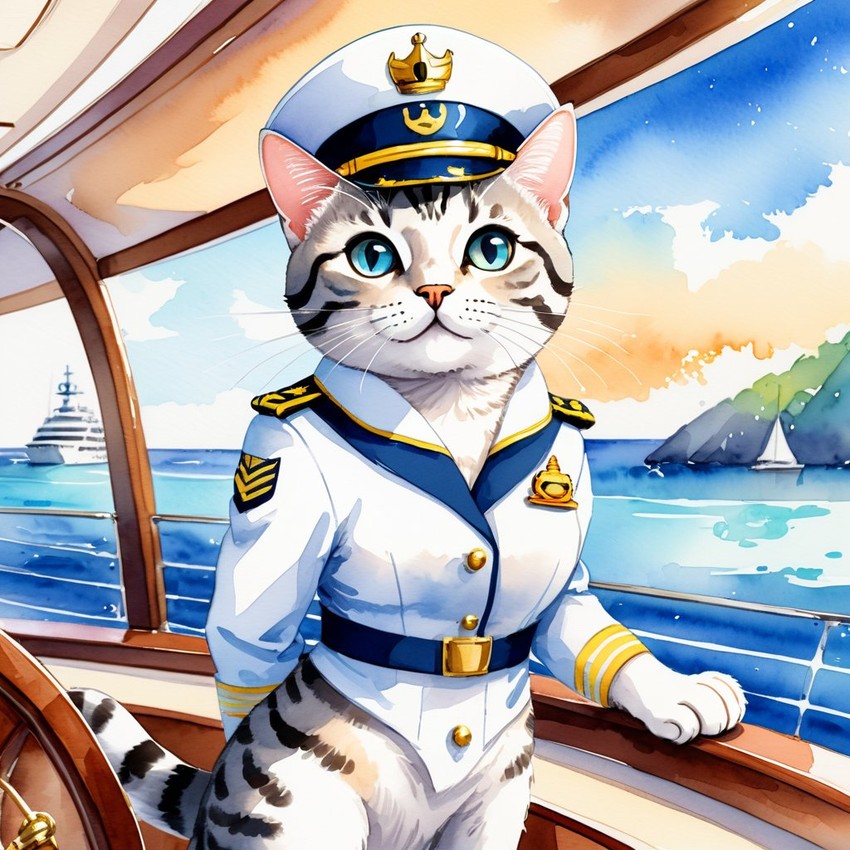 watercolor painting of american shorthair cat as a captain on a luxury yacht, wearing captain uniform, vibrant and detailed.