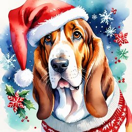 watercolor painting of basset hound in a christmas sweater and santa hat, festive and vibrant.