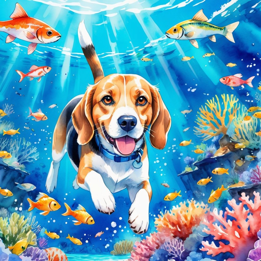 watercolor painting of beagle swimming in a beautiful blue ocean with colorful fish and coral reef, capturing a happy and vibrant underwater scene.