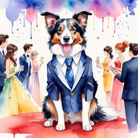 watercolor painting of border collie in a classy suit on a fashion stage, capturing elegance and charm in a vibrant, highly detailed illustration.