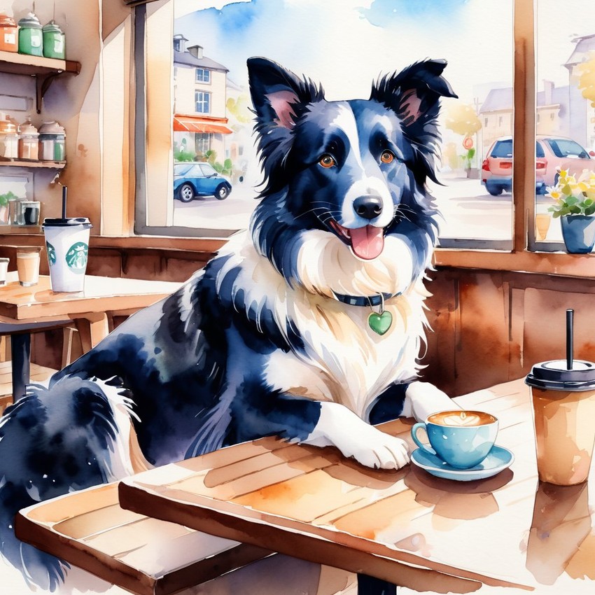 watercolor painting of border collie sitting in a cozy coffee shop, vibrant and detailed.