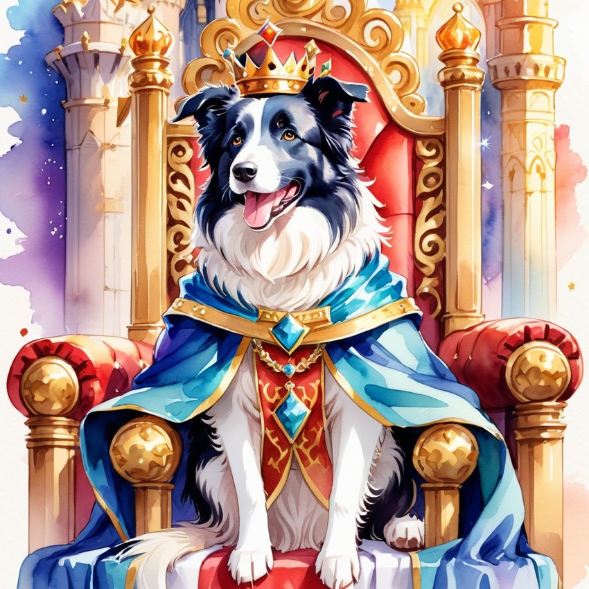 watercolor painting of border collie as a king in a magical castle, wearing a crown and robe, seated on a throne.