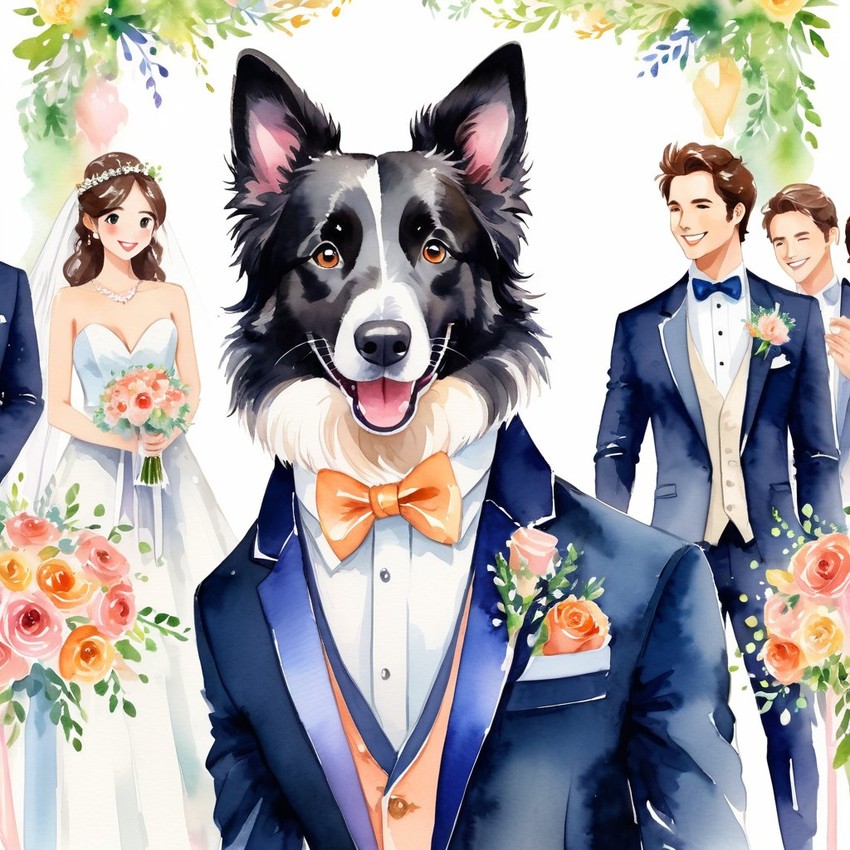 watercolor painting of border collie at a wedding in a beautiful wedding suit, looking cute and happy in a vibrant, detailed style.