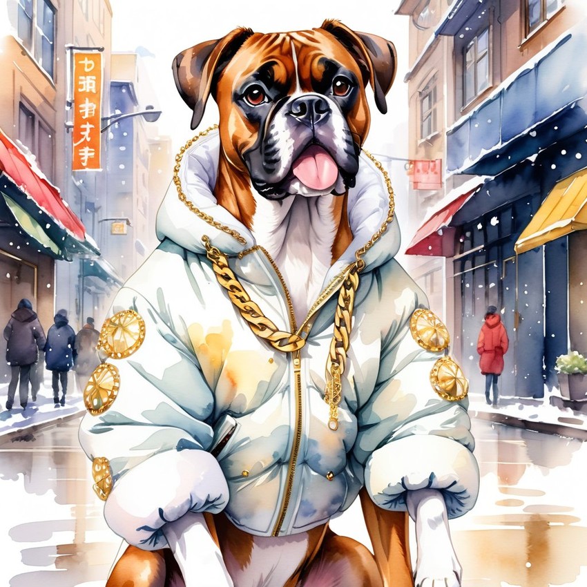 watercolor painting of boxer in a white puffer coat with golden hip hop chains, set in a posh urban environment.