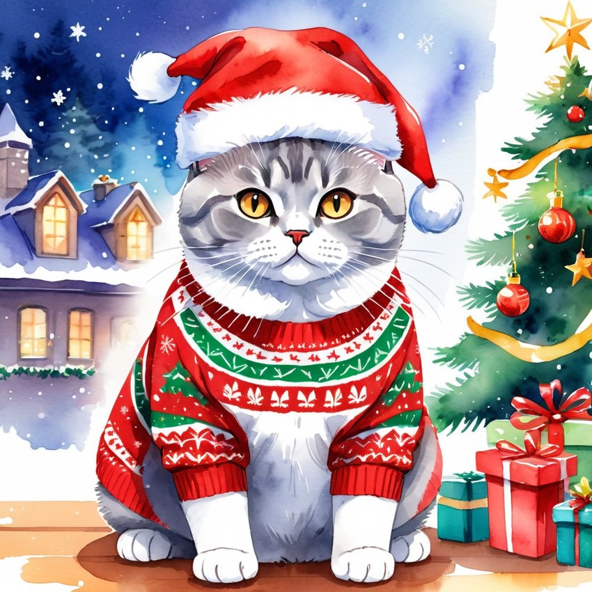 watercolor painting of british shorthair cat in a christmas sweater and santa hat, festive and vibrant.