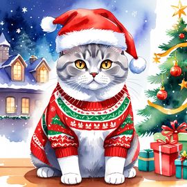 watercolor-painting-british-shorthair-cat-christmas-sweater-santa-hat-festive-vibrant-b025ea65ca684c5cb97612e0828fa4fd