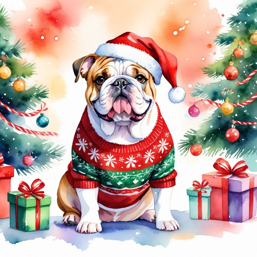 watercolor painting of bulldog in a christmas sweater and santa hat, festive and vibrant.