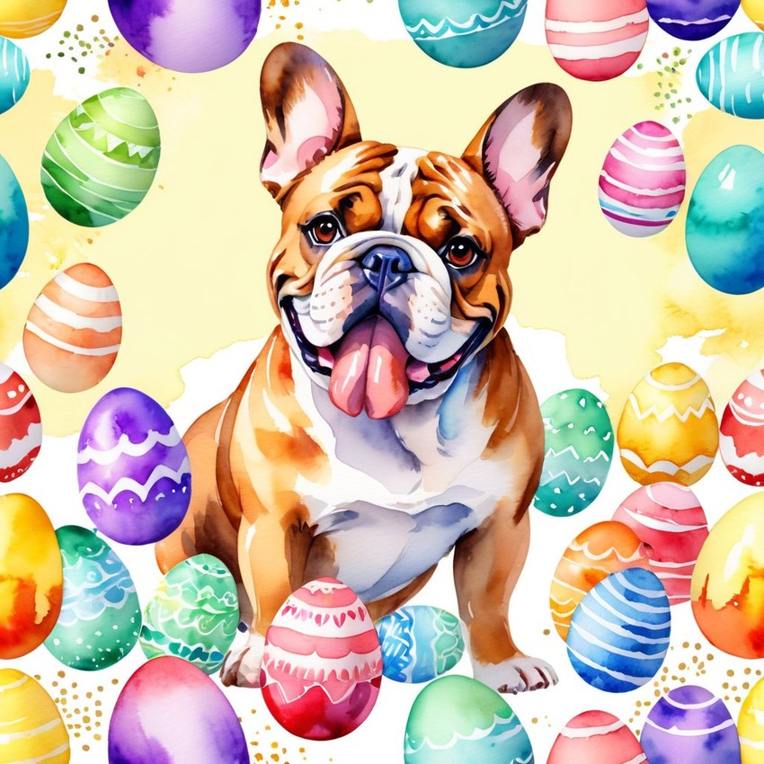 watercolor painting of bulldog in a vibrant easter scene with colorful eggs, highly detailed and joyful.