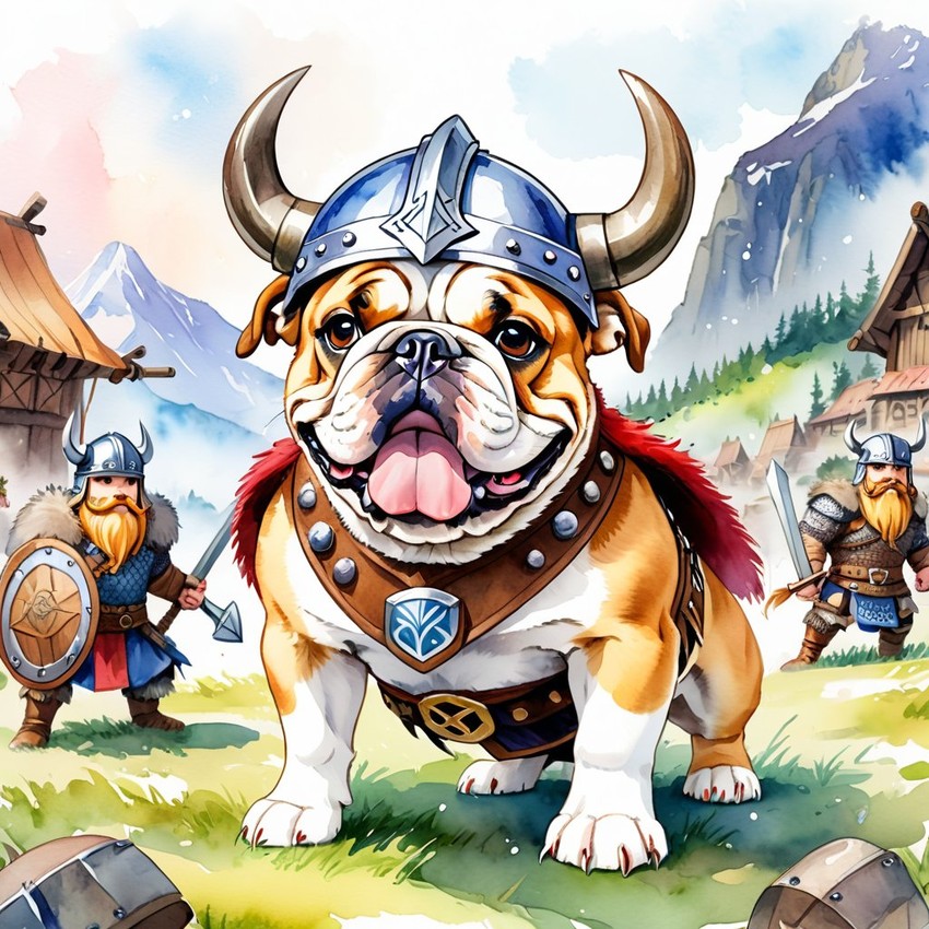 watercolor painting of bulldog as a viking, wearing traditional armor and helmet, in a vibrant viking environment.