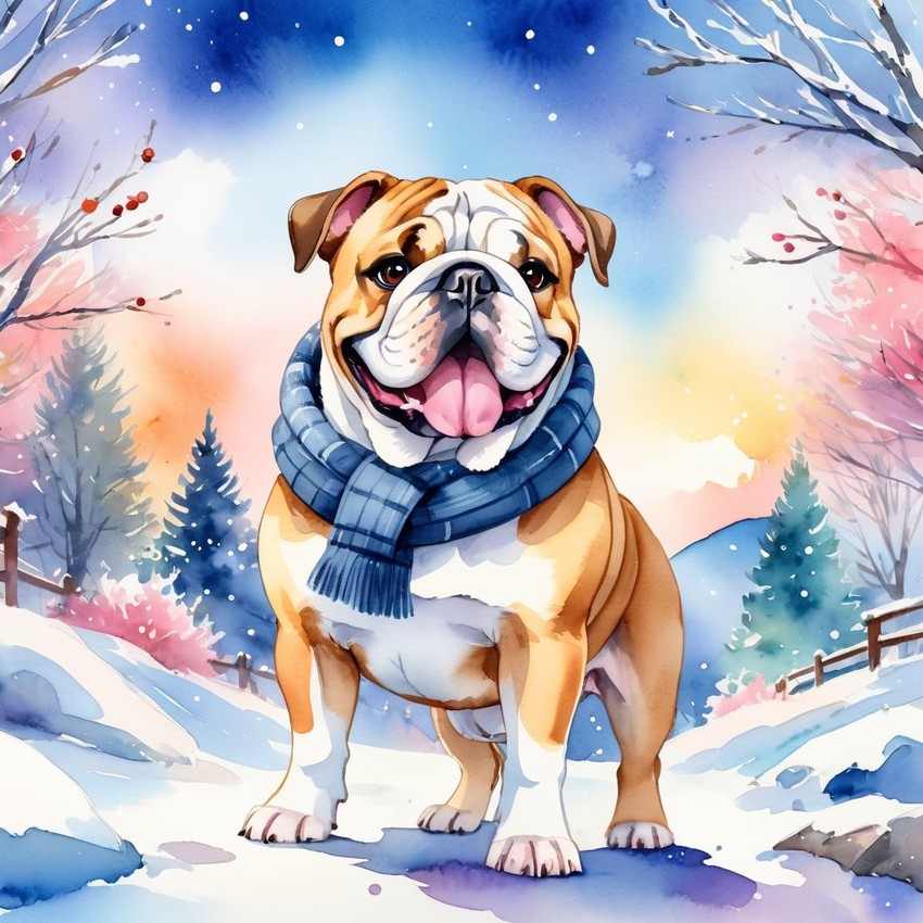 watercolor painting of bulldog in a beautiful winter scene, wearing stylish winter clothing, looking cute and happy.