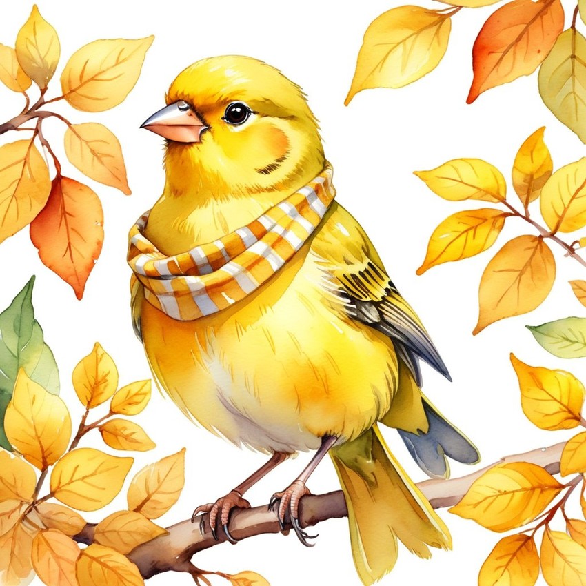 watercolor painting of canary bird in autumn, wearing a yellow scarf, vibrant and detailed.