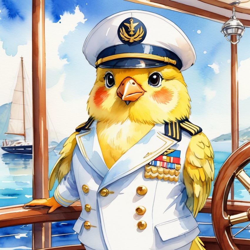 watercolor painting of canary bird as a captain on a luxury yacht, wearing captain uniform, vibrant and detailed.